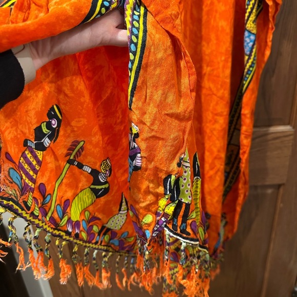 SOL Orange Dashiki Caftan Dress Free Size Bohemian Festival Fringe - Picture 7 of 7